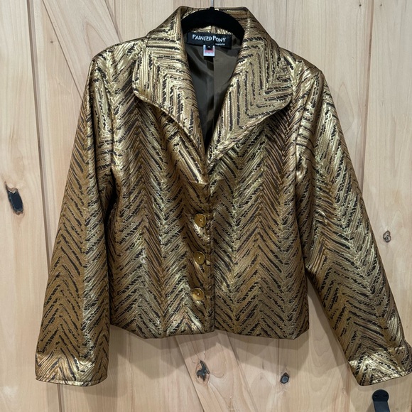 Vintage Painted Pony Wearable Art Geometric Gold Jacket Size Small Shimmer Coat - Picture 2 of 15